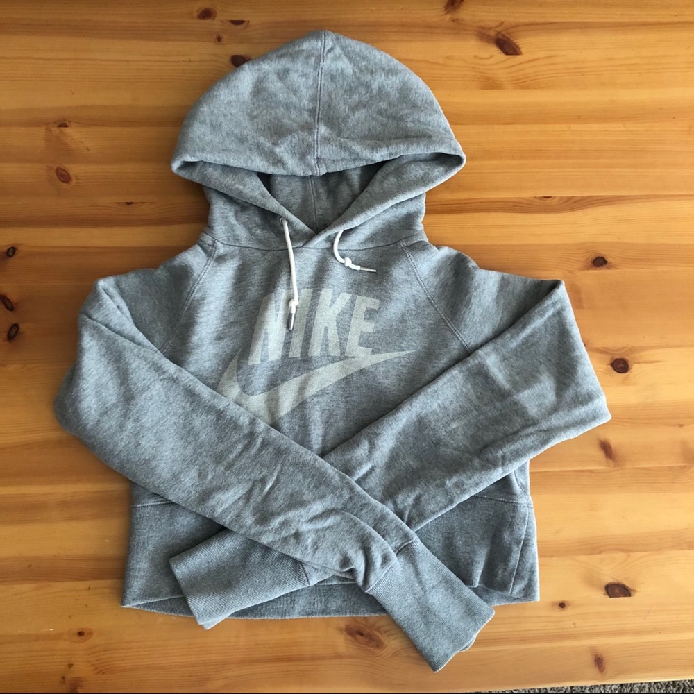 NIKE Crop Hoodie Sweatshirt Grey with Logo Small